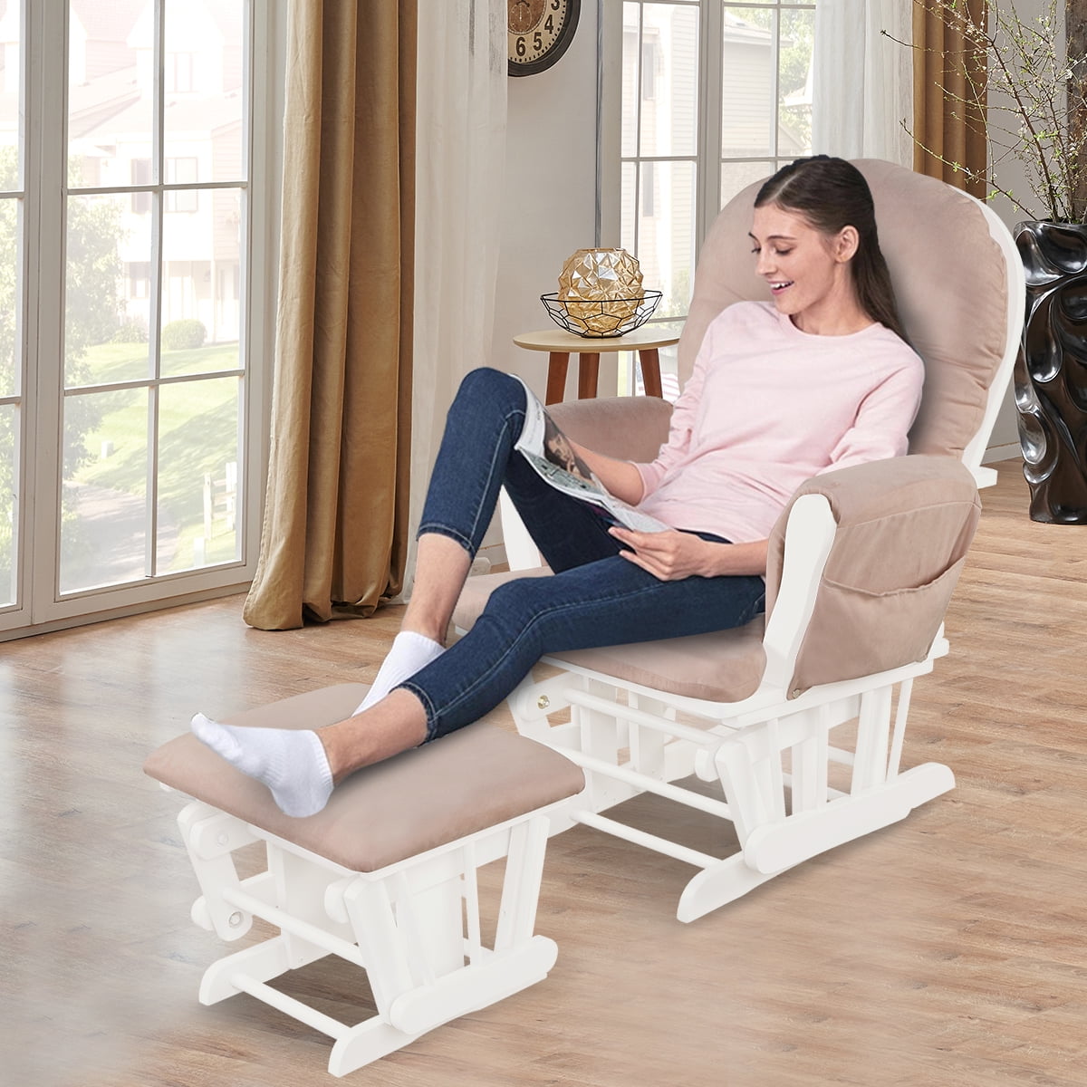 Infans Glider and Ottoman Cushion Set Wood Baby Nursery Rocking Chair Pink