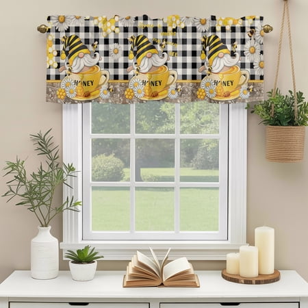 Rod Pocket Window Valances Coffee Cup Bee Gnome Black Buffalo Plaid Short Kitchen Curtains Yellow Daisy Flower Window Treatment Drapes for Bedroom Bathroom Living Room 42x18in