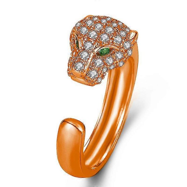 Anillo de cabeza de leopardo con ojos verdes y circonitas, oro rosa