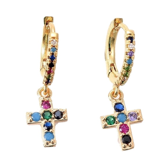 Dangle Textured Hoop Earrings Micro Pave Cubic Simulated Zircon Cross Multicolor 27mm Pin 0.8mm P321