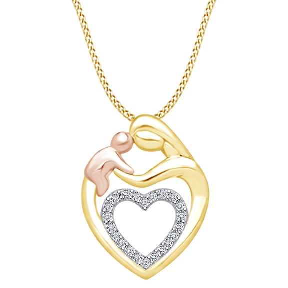 AFFY Mother's Day Jewelry Gift 0.1 Cttw White Natural Diamond Two Tone Heart Frame Mom Pendant Necklace In 14K Yellow Gold Over Sterling Silver