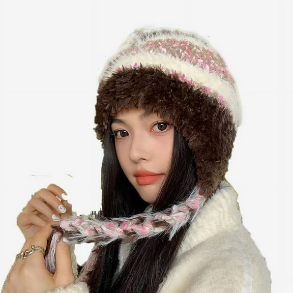 ZQUUVOU Women's Boho Crochet Colorful Hat Tassel Braid Winter Knit Beanie with Ear Flaps A-Coffee