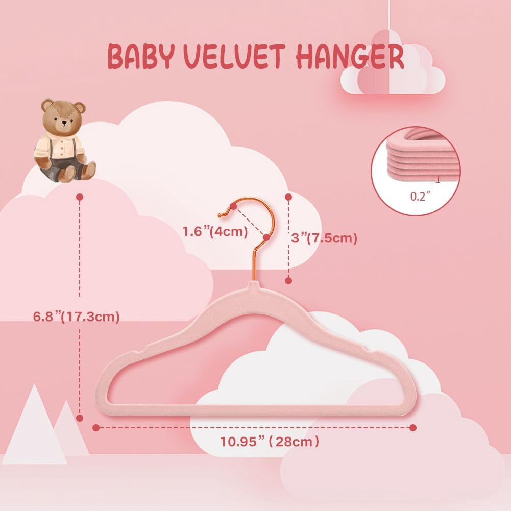SHAANXIXIAN Baby Clothes Hangers 16 Pack, Kids Velvet Hangers Non-Slip, Clothes Hangers with Shoulder Notches for Toddler Children Pink (Gold Hook)