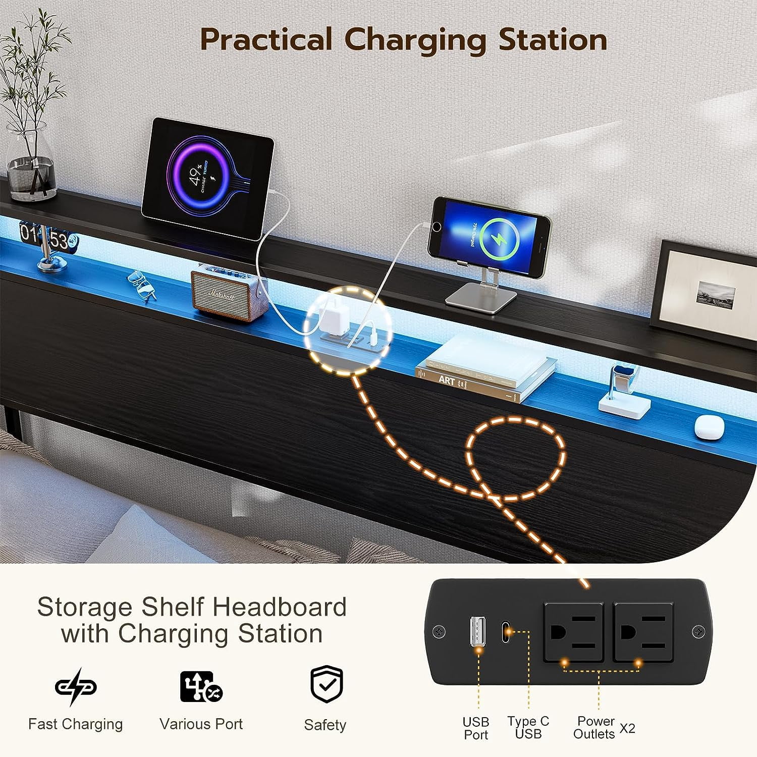 ARICOEASY King Size Storage Headboard with LED Lights & Charging Station, Modern King Headboard for Bedroom, Black