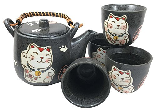 NIB Japanese Maneki Neko Lucky Cat Tea Coffee Ceramic Set Teapot & Cup Mug 