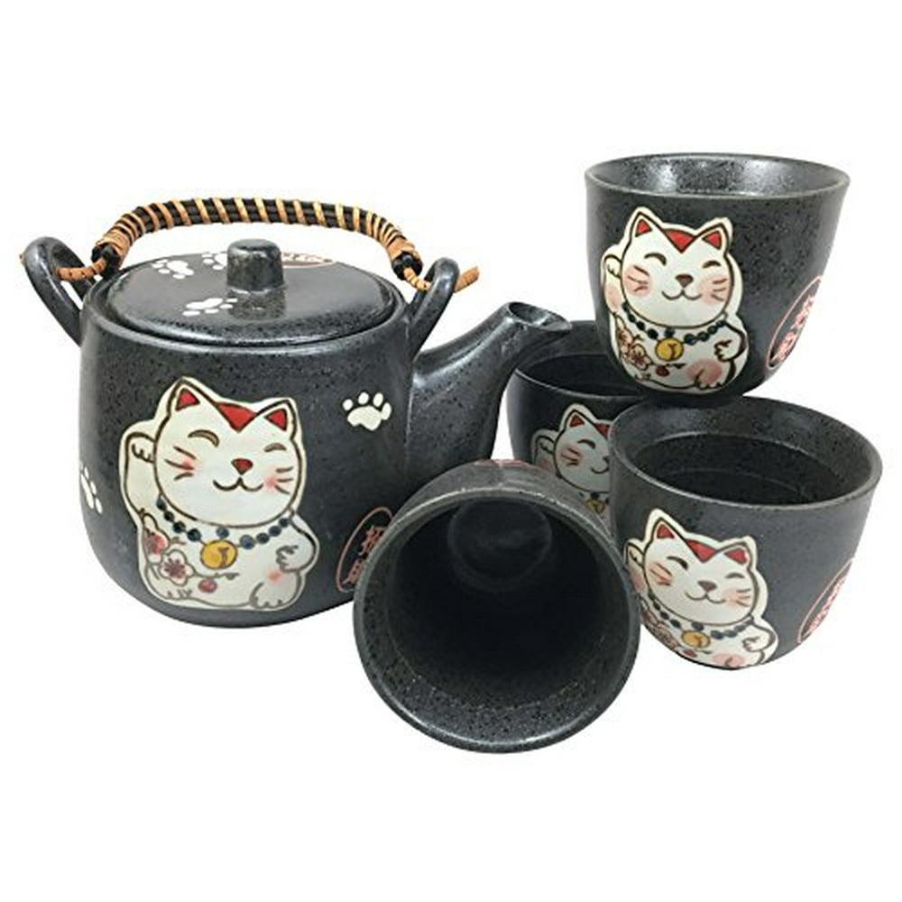 Japanese Maneki Neko Cat Black Tea Set Pot and Cups Serves 4 Lucky