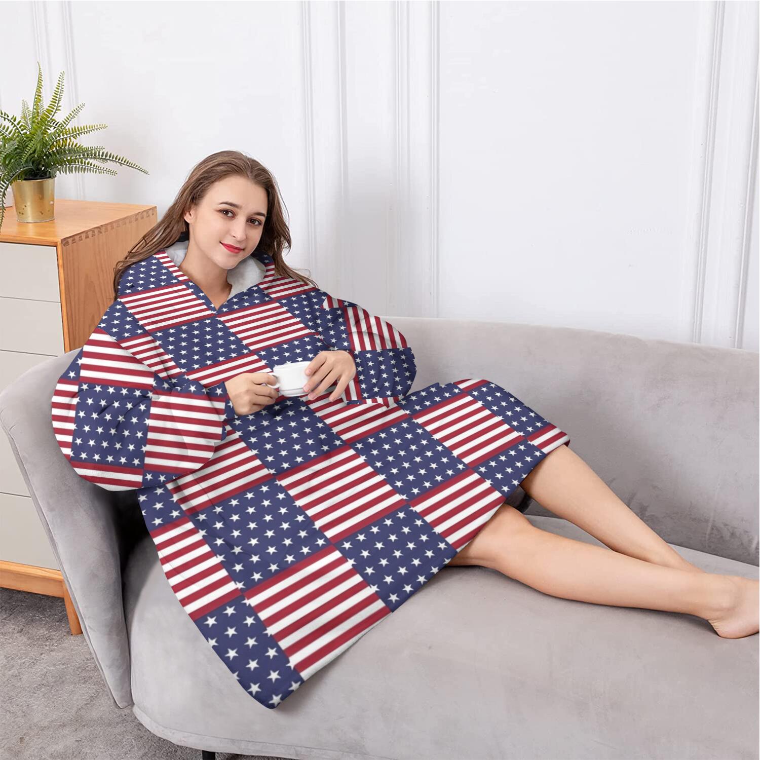 Oversized Wearable Blanket Hoodie,Red White and Blue Star Striped Pattern Sherpa Blanket Hoodie with Super Pockets,Super Warm Fuzzy Pullover for Women & Men