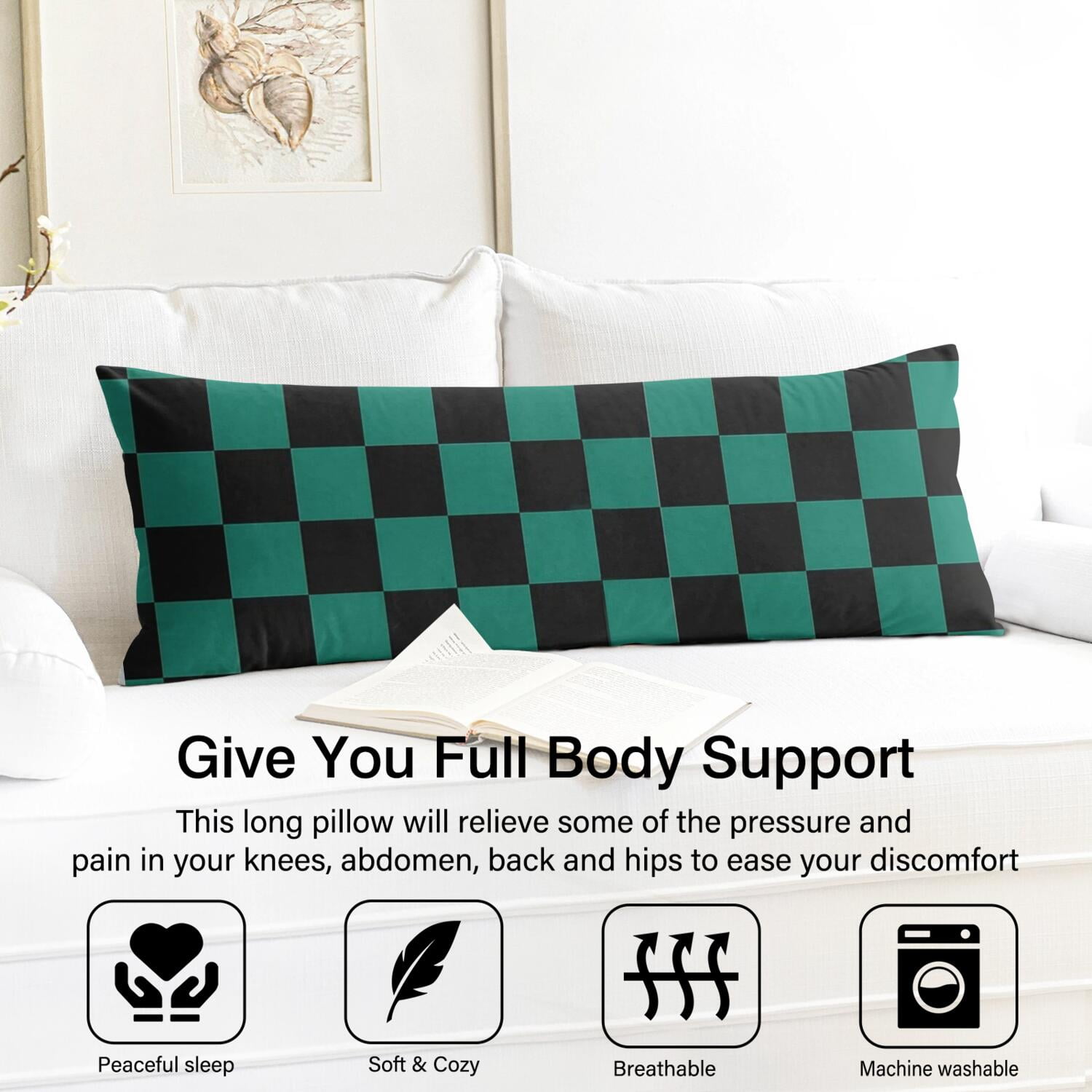 Plaid Body Pillow Cover 20x54 - Soft Checkered Pillow Case with Zipper, Full Body Support Pillow Protector for Bed, Office & Car - Machine Washable