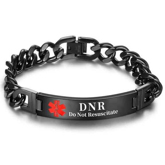Vagzen Stainless steel Medical Alert ID Bracelet for Men, Engraved DNR(Do Not Resuscitate), Black