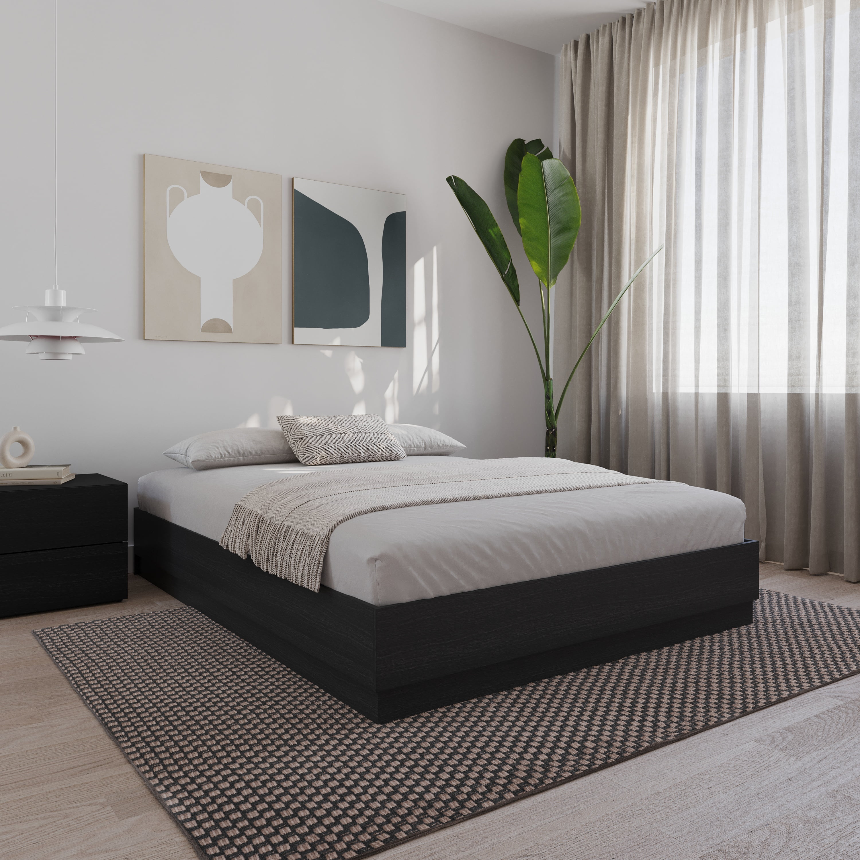 Nexera Milano King Size Platform Wood Bed Frame, Black Oak