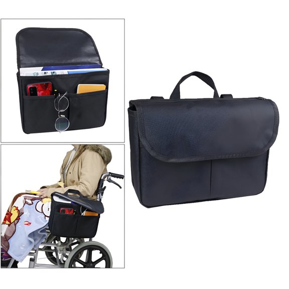 GJX Wheelchair Armrest Pouch Organizer Bag for Side Chair,3 Pocket,Arm Rest Storage Accessories for Electric,Manual or Powered Chairs-Black