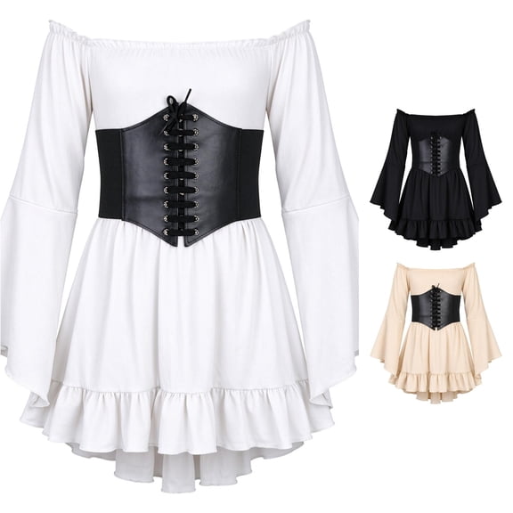 LUOGENLI Girls Fashion Girls Pirate Costume Dress off Shoulder Bell Sleeve High Low Ruffle Hat Halloween Cosplay White 11-12 Years