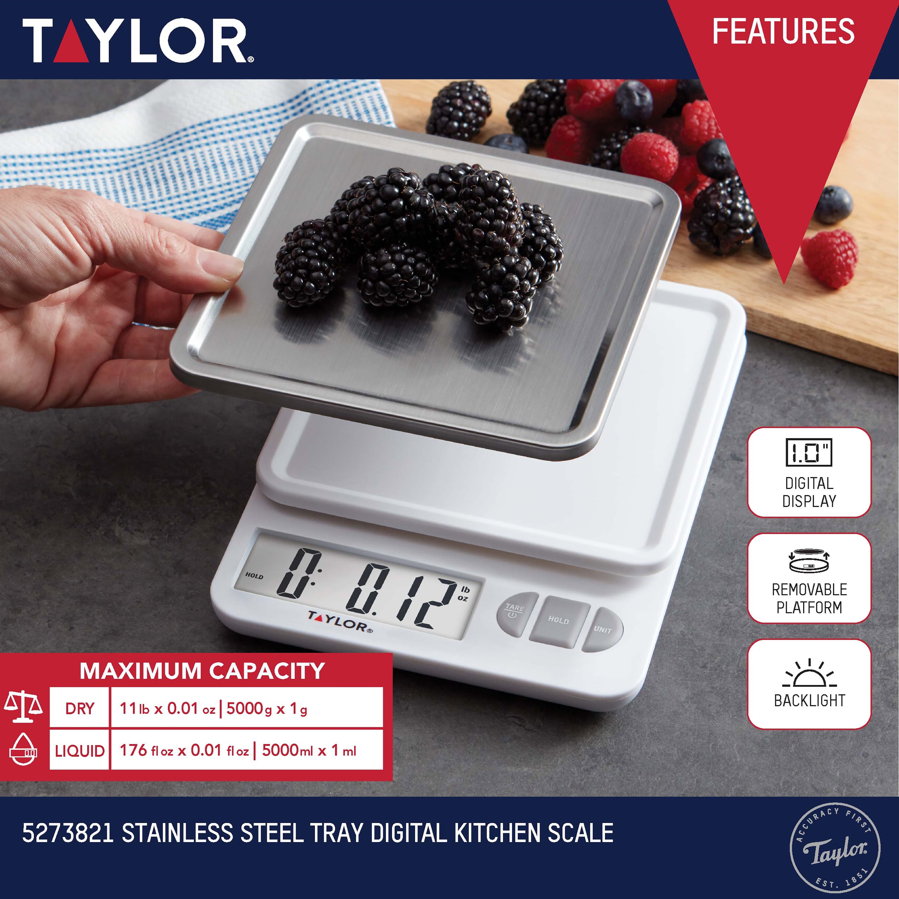 Taylor 11lb Waterproof Digital Kitchen Scale and Food Scale for Baking,  Cooking, Meal Prep and Portion Sizing White
