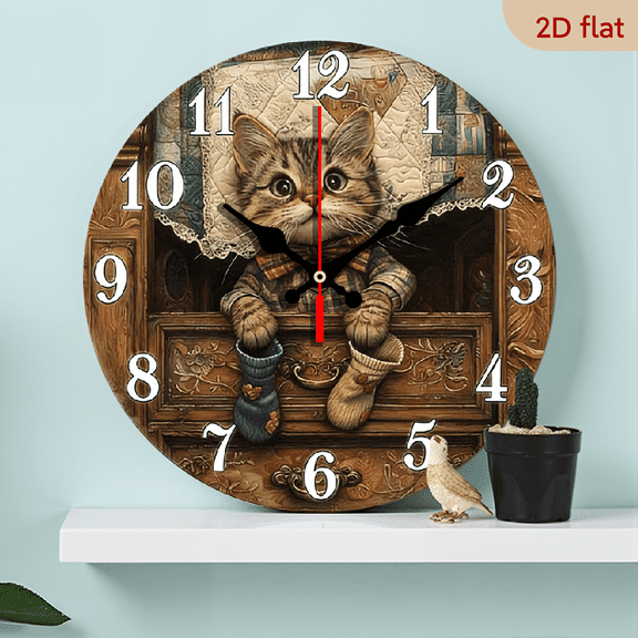 2D Flat, 1pc, Silent Wall Clock Non-Ticking Wooden, Decorative Circular Clock Vintage cat clock Design for Kitchen, Home Office, Library, Hallway, Apartment 10inch (No Battery)
