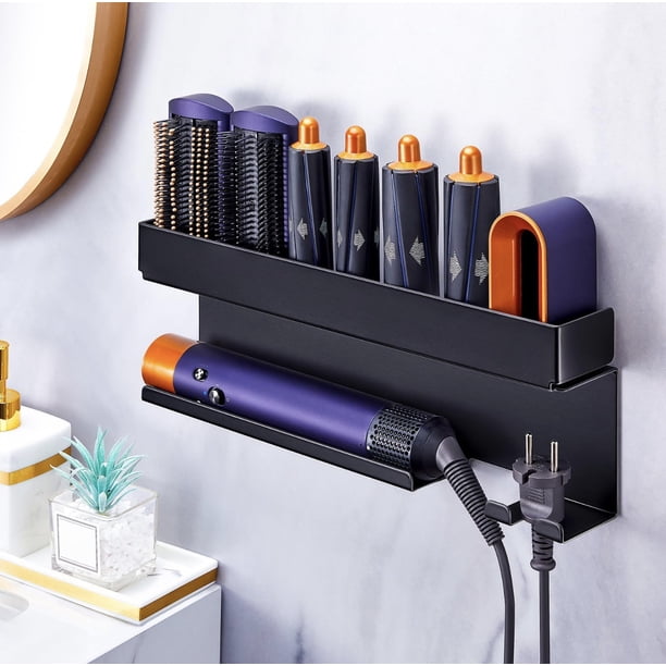 Soporte para rizador sin taladro, organizador de herramientas de peinado para el cabello montado en la pared para encimera de baño, estante de almacenamiento para secador de pelo