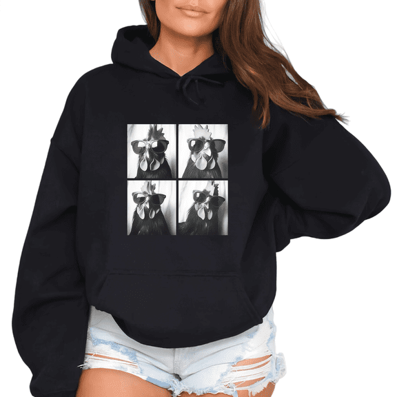 Women's Cool Chicken Grid Graphic Comfortable Hoodie Top Casual Breathable Hooded long-sleeved Black S-2XL