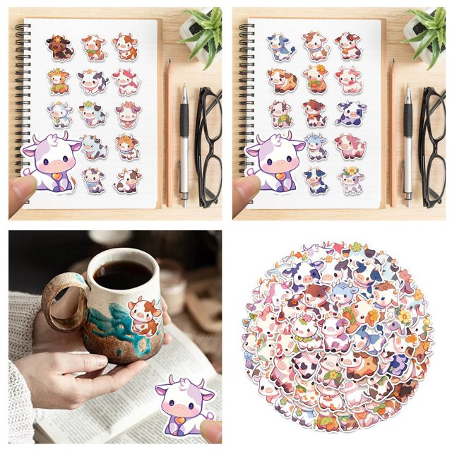 Stickers 50Pcs Rainbow Cow Stickers Decals Cute Animal Stickers For Kids Teens Assorted Stickers For Classroom 1 Set