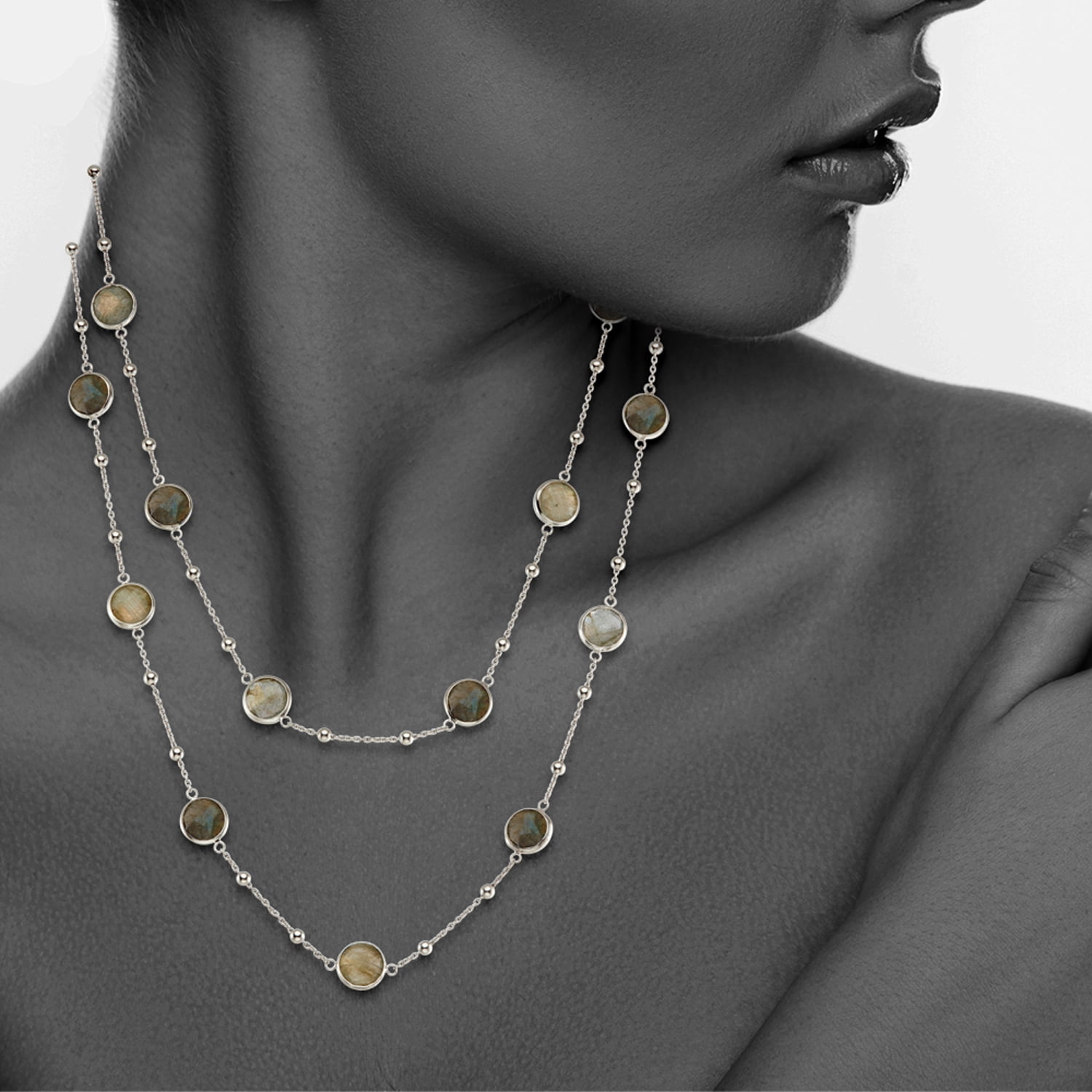 5th & Main Sterling Silver Bezel Necklace with Small Silver Stations and Labradorite Round Gemstones