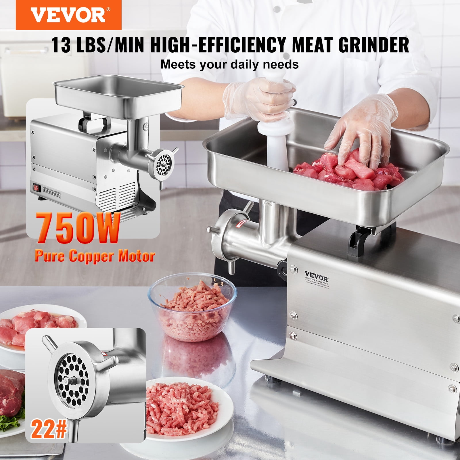 VEVOR Meat Grinder, 13 Lbs/Min Capacity Electric Meat Grinders with Blade, Grinding Plate, Sausage Maker, Stainless Steel Commercial Meat Mincer for Kitchen Restaurant Butcher Store