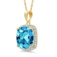 thumbnail image 4 of Gem Stone King 10K Yellow Gold Swiss Blue Topaz and White Created Sapphire Pendant Necklace for Women (8.54 Cttw, Gemstone November Birthstone, Cushion Cut 12MM, with 18 inch Chain), 4 of 5