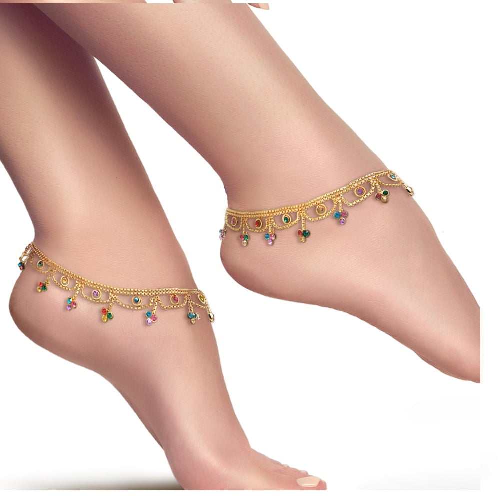 Jwellmart Indian Bollywood Ethnic Gold Polish Colored CZ Anklets Free Shipping 