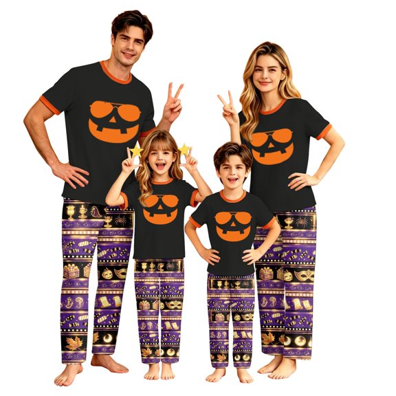 Halloween Family Pajamas Set Long Sleeve Crew Neck, Soft Matching Halloween Pajamas with Sunglasses Pumpkin & Candy Stripe Print, Festive Family Halloween Pajama Set
