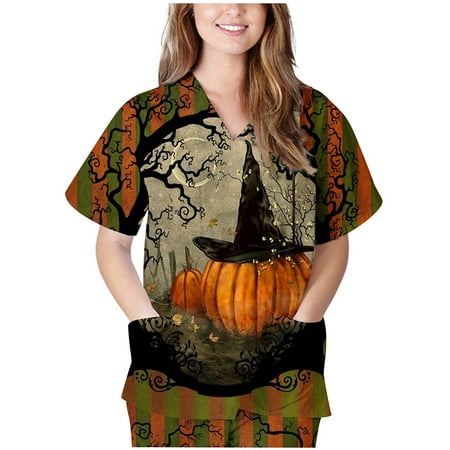 

QLEICOM Womens Halloween Bat Ghost Pumpkin Print Scrubs Tops Casual Short Sleeve V-Neck Scrubs Loose Lovely Blouse T-shirts Tops Workwear Uniform with Pocket Brown S
