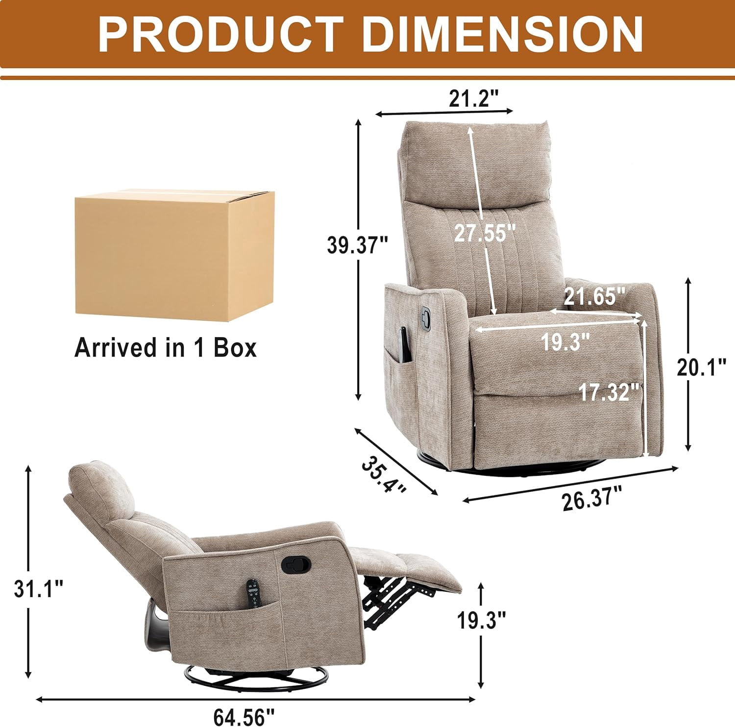 AENKYO Swivel Recliner Chair, Manual Rocking Massage Chair, Heated for Adults, for Living Room,khaki Chenille