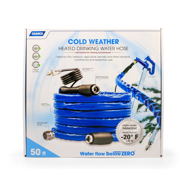 Camco 50 foot Taste Pure Heated Drinking Water Hose with Thermostat, PVC,  Blue - Lead Free, 22912 - Walmart.com