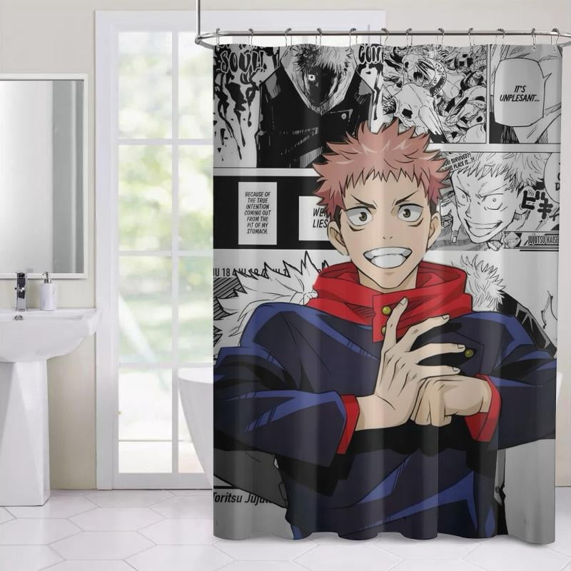 Lheaggik Anime Jujutsu Kaisen 4 Pcs Bathroom Sets with Shower Curtain and Rugs, Waterproof Polyester Shower Curtain Sets with Hooks