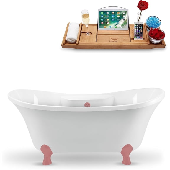60" Streamline N900PNK-PNK Clawfoot Tub and Tray With External Drain
