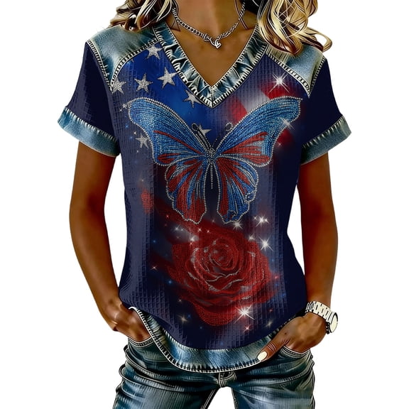 longantii 250 Anniversary Usa Tshirts Women Modern Fit 4th Of July Pullover Trendy Vneck Short Sleeves Tees 250 Anniversary Floral Printed Summer Outfits Red L