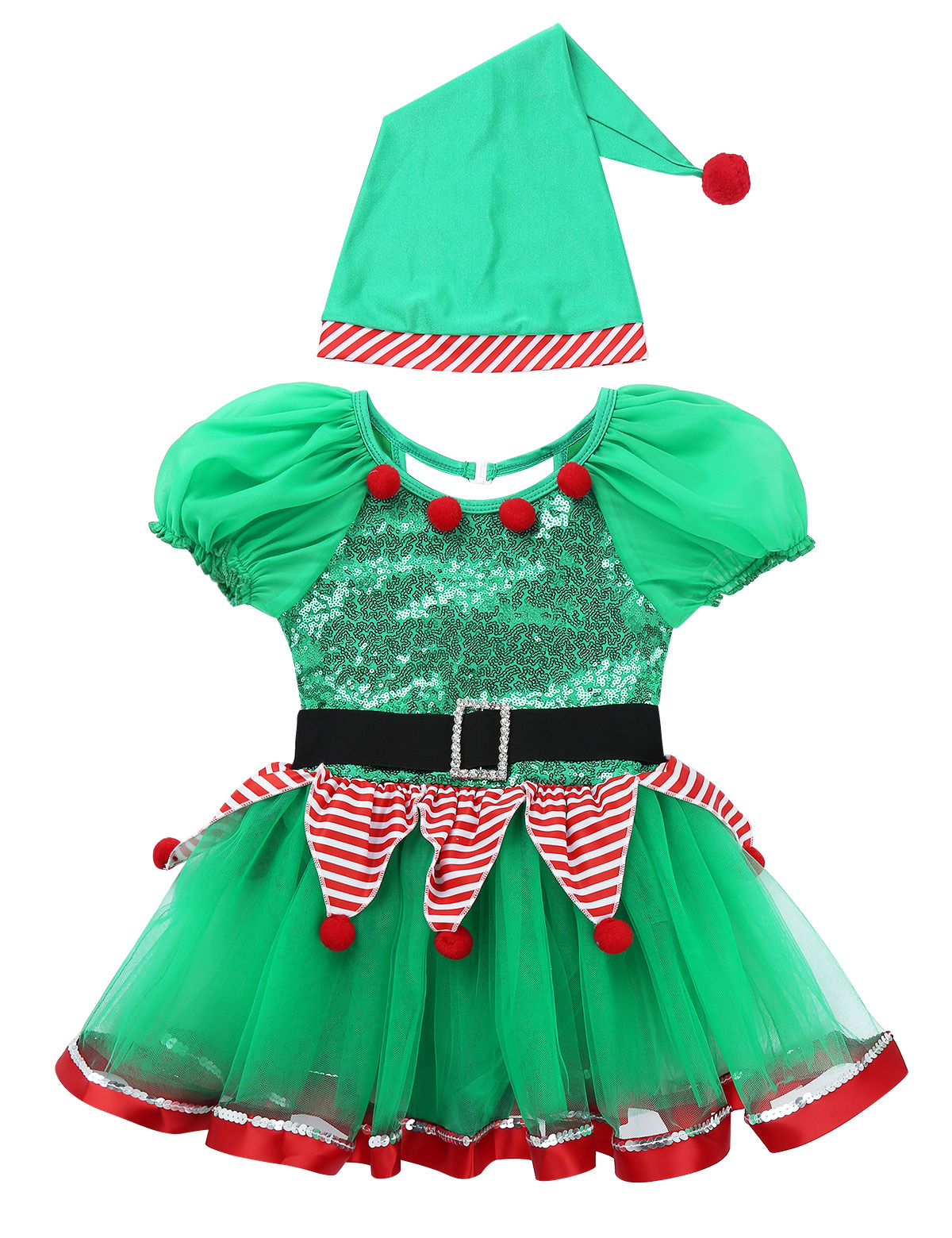 inhzoy Kids Girls Christmas Elf Cosplay Costume Xmas Outfits Sequin Tutu Dress Green 7 - image 3 of 7