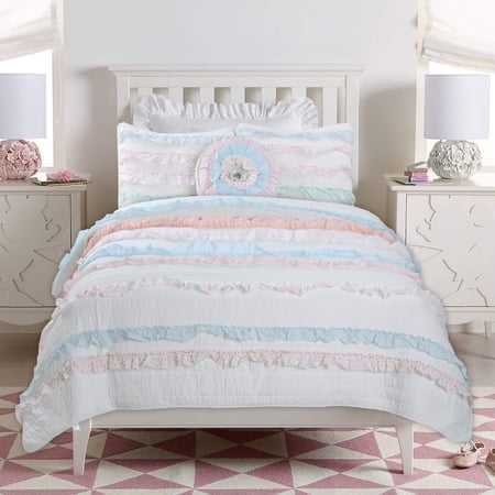 Cozy Line Home Fashions Light Pink Blue Coral White Ruffle 100% Cotton Reversible Girl Quilt Bedding Set, Reversible Coverlet Bedspread (Shabby Chic, Twin - 3 Piece)
