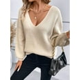 thumbnail image 6 of Women Off the Shoulder V Neck Sweater Top Fitted Long Sleeve Shirt Tie Back Sweater Khaki M, 6 of 9