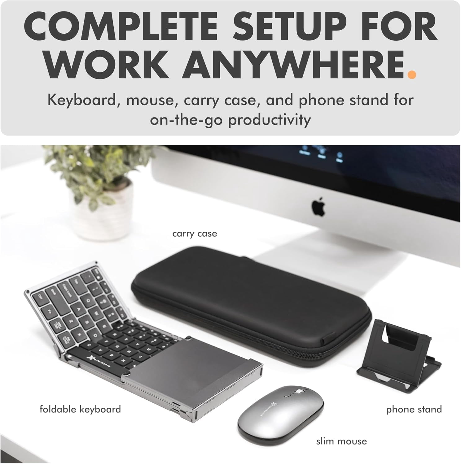 X9 Performance Foldable Keyboard and Mouse Wireless - (BT + 2.4Ghz) - Carrying Case, Phone Stand, Full Sized 106 Keys, Rechargeable - Portable Travel Bluetooth Keyboard and Mouse Set - Space Gray