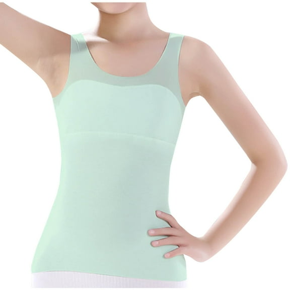 FFENYAN Solid Color Strap Long Girls' Tank Top with Built-in Padding - Breathable Shoulder Straps Modal Underwear for Kids 9-14 Years