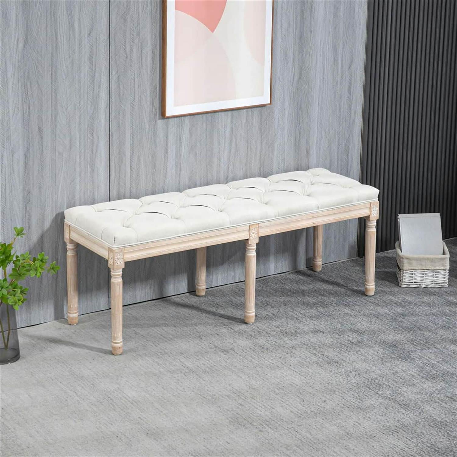 Demi Bonn 46" Luxe Linen Upholstered Bench, Thick Cushioned End of Bed Bench with Wooden Legs for Bedroom Seating, White