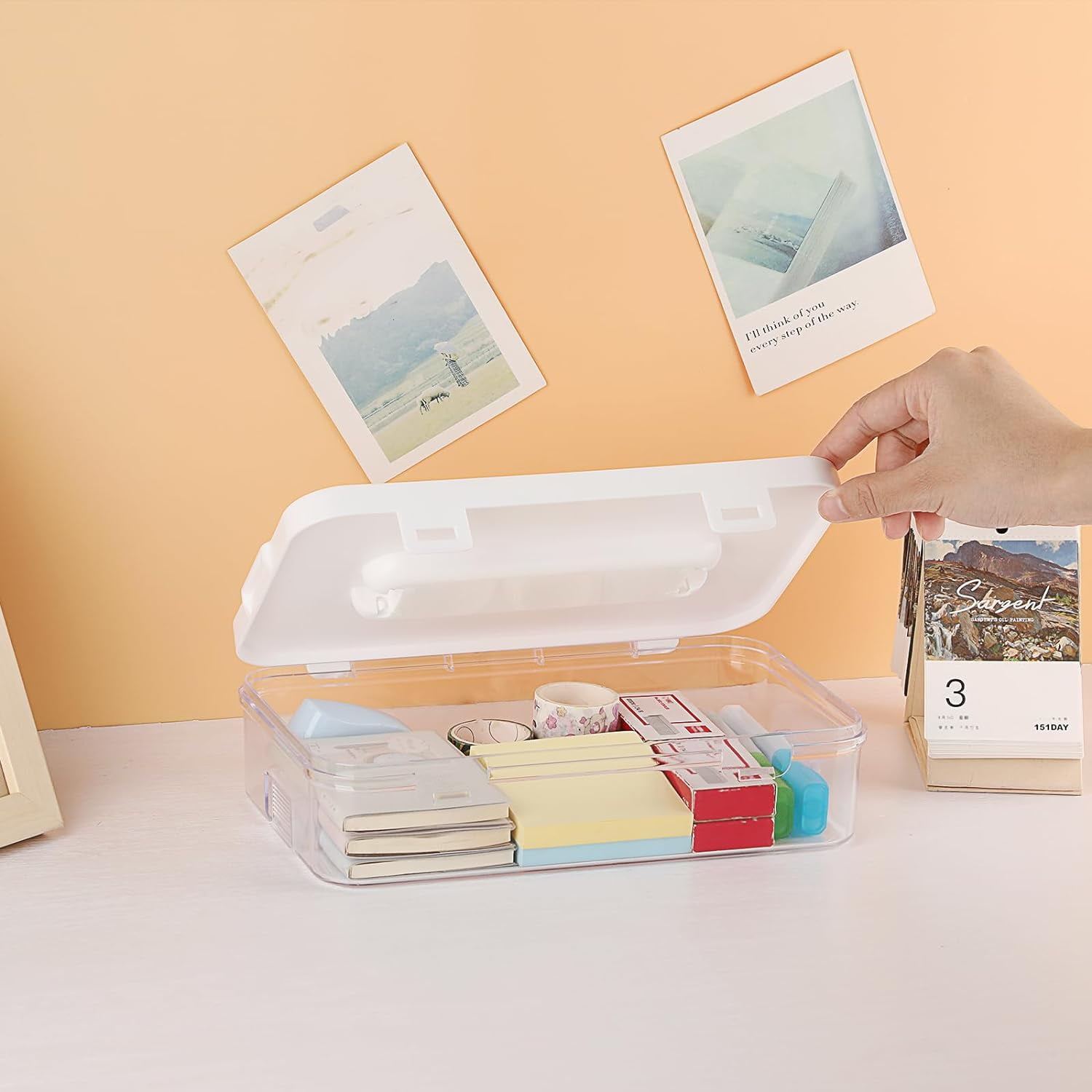 Clear Plastic Storage Container with Lid & Handle, Multipurpose Craft Organizers and Storage Box, Easy Carry & Stack Flat Storage Box for Pencils Markers Crayons Sticky Notes, 1 Pack