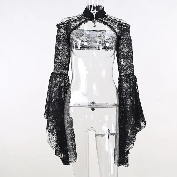 Chaqueta victoriana de encaje transparente negra para mujer, mangas acampanadas Steampunk, abrigo Vintage de Anime, Top gótico, Carnaval de Halloween