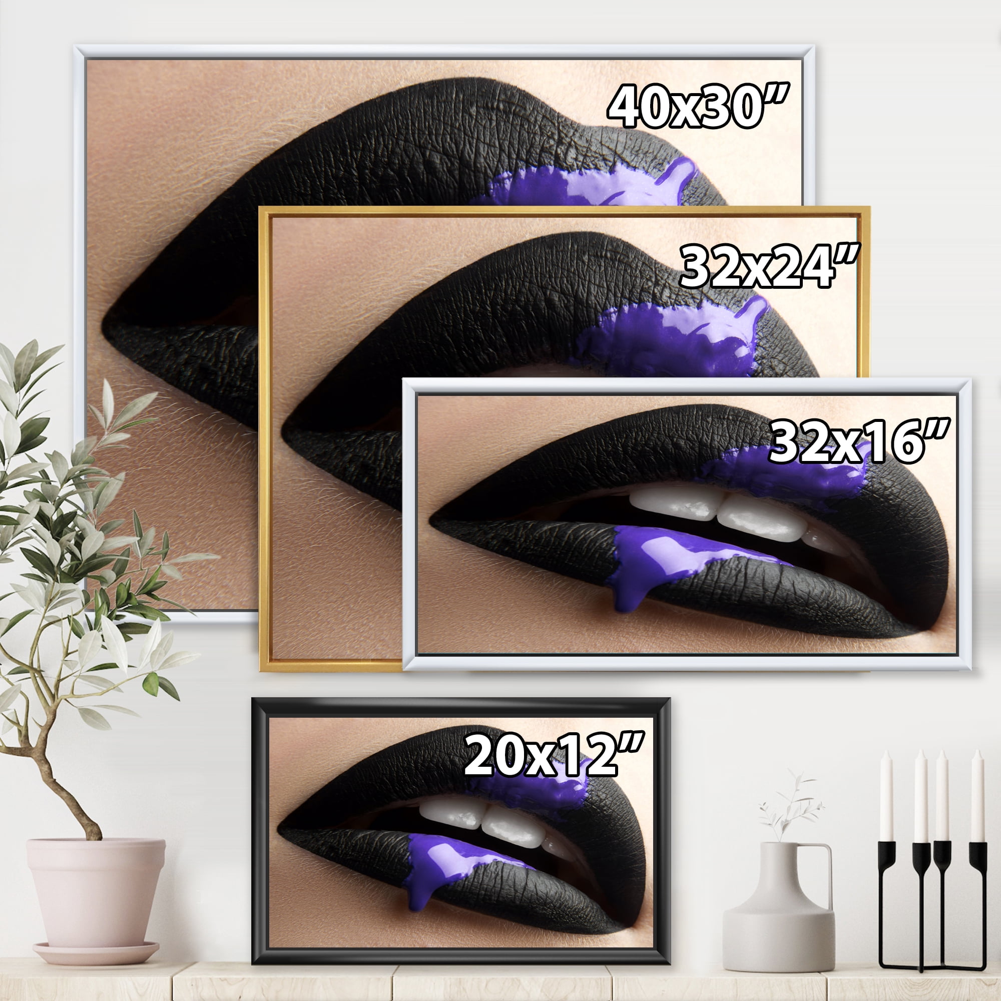 Designart 'Woman Lips With Black Lipstick & Purple Paint' Modern Framed Canvas Wall Art Print