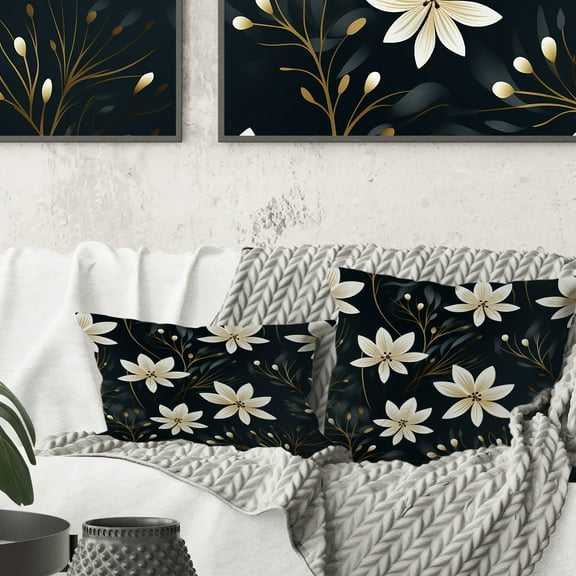 DESIGN ART Designart "Black & Ivory Elegant Floral Pattern I" Floral Printed Throw Pillow 16 x 16