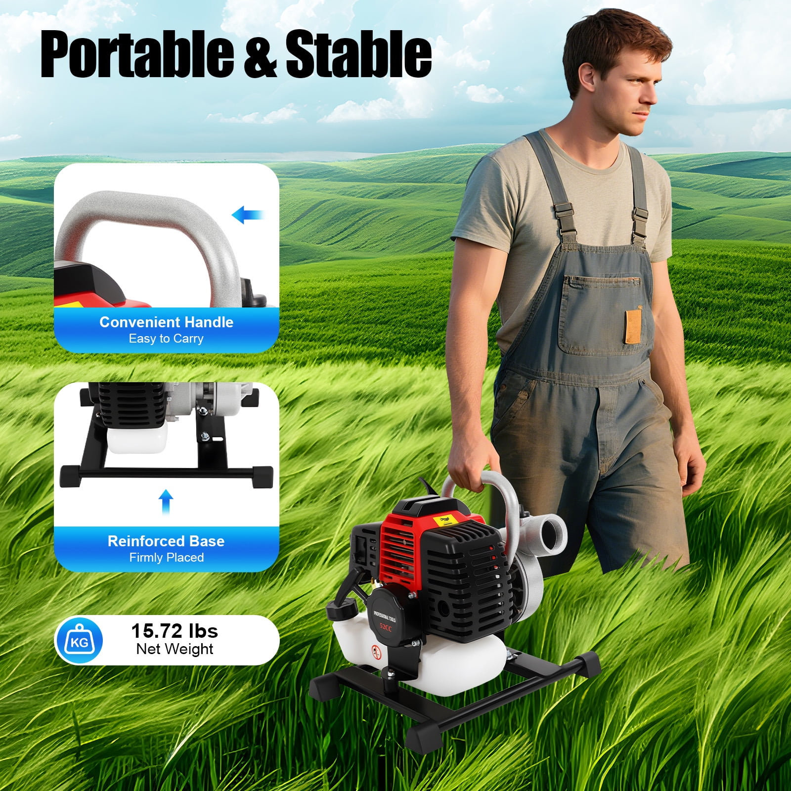 ToppiJoy 52CC Water Transfer Pump Gas Powered, Gas Trash Pump with 2-stroke Gasoline Engine for Well Intake, Farmland Irrigation