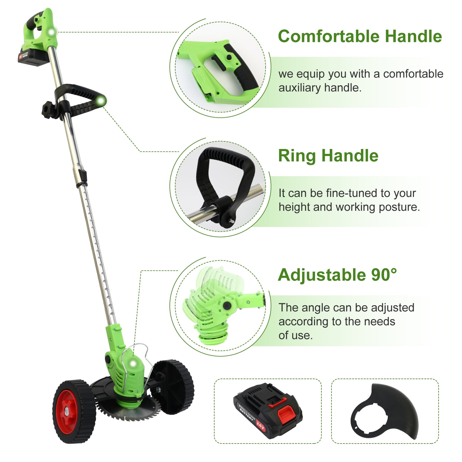 800W Weed Lawn Edger, Battery Weed Eater with Wheels, Weed Wacker Electric, Cordless Grass Trimmer Cutting Tool & 2 Battery, Weed Trimmer for Yards Garden, Green