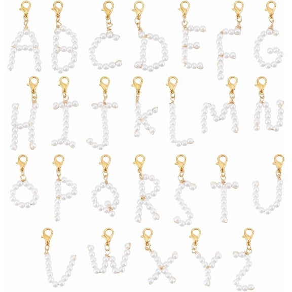 26pcs A~Z Pendants Imitated Pearl Charms Alphabet Letter Charms with Golden Alloy Lobster Claw Clasps for Jewelry Bracelet Necklace Making Shoes Deco DIY Crafting 35~52mm