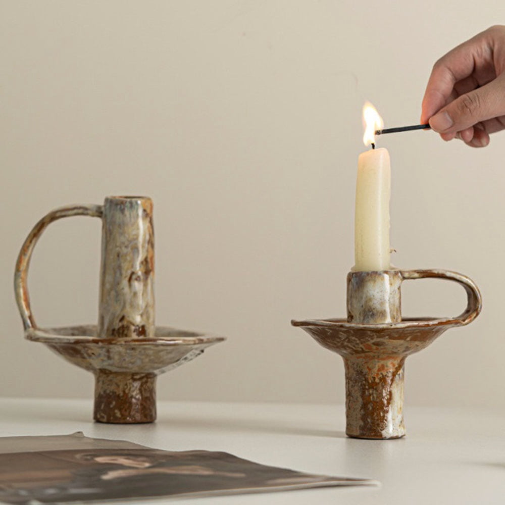 Handmade Vintage Ceramic Candle Holder Candle Accent with Handle Glossy Home Decor for Dining Rooms