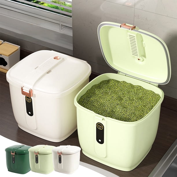 Recipiente hermético para dispensador de arroz con tapa - Caja grande de harina de cereales de 10,82x10,82x10,39 pulgadas para encimera de cocina, blanco verde