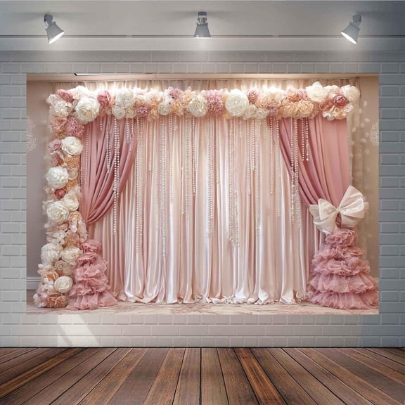 7x5Ft Blush Floral Curtain Wedding Backdrop Elegant Pearl Tassels Bridal Shower Background Romantic Pink Flower Engagement Party Decorations Supplies Cake Table Banner Photo Booth Props