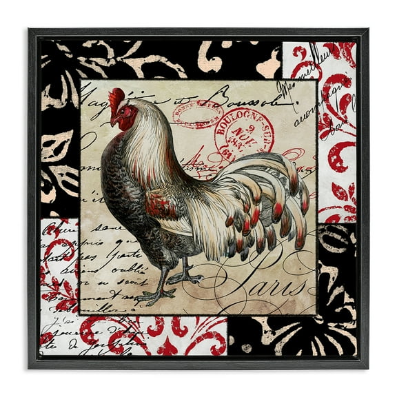 Stupell Industries Hen with Vintage Cursive Animals Painting Black Floater Framed Canvas Art Print Wall Art, 18 x 18