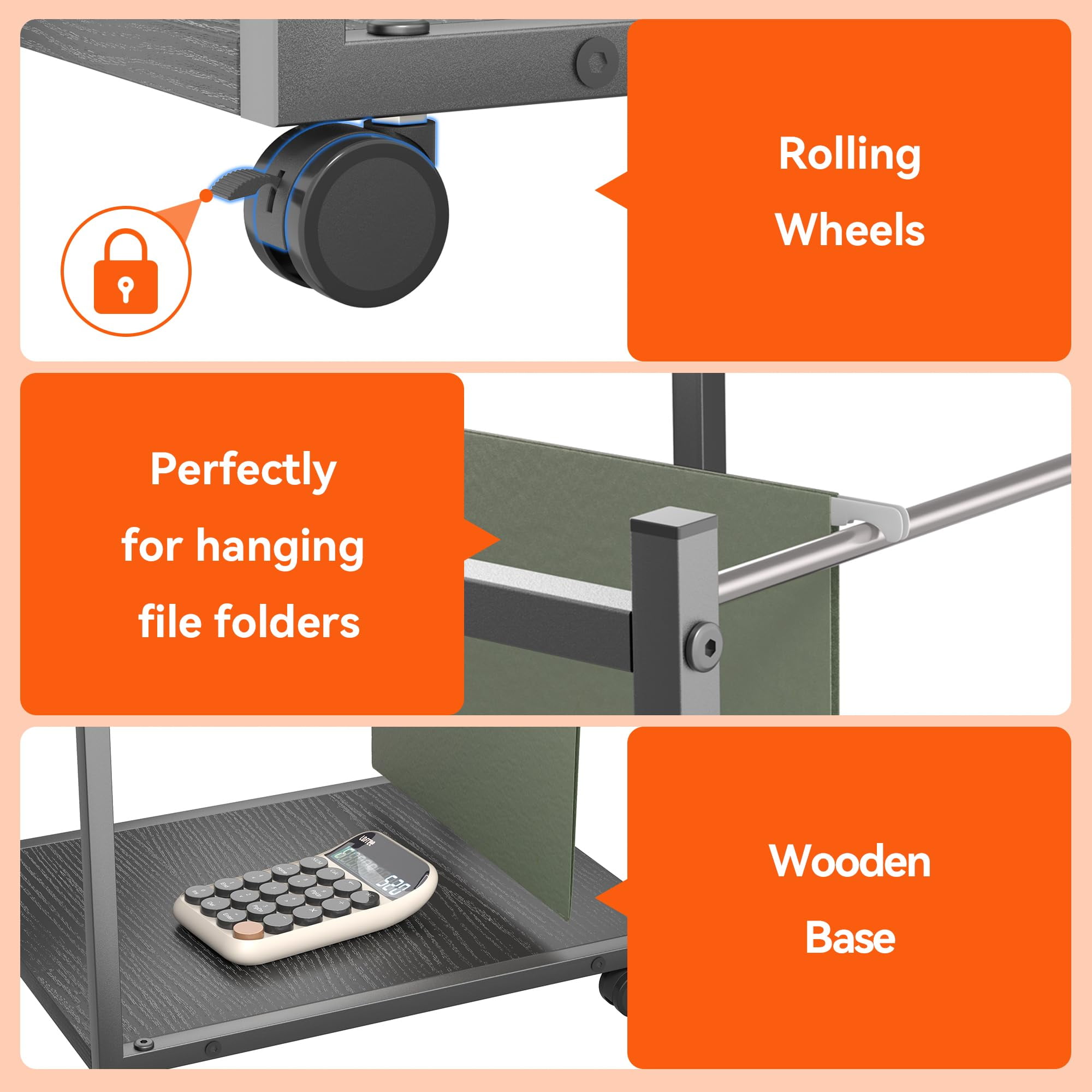 Aquzee Rolling File Carts with Wheels Hanging Files, Under Desk File Organizer for Home Office, Small Mobile Filing Cart Organizer on Wheels